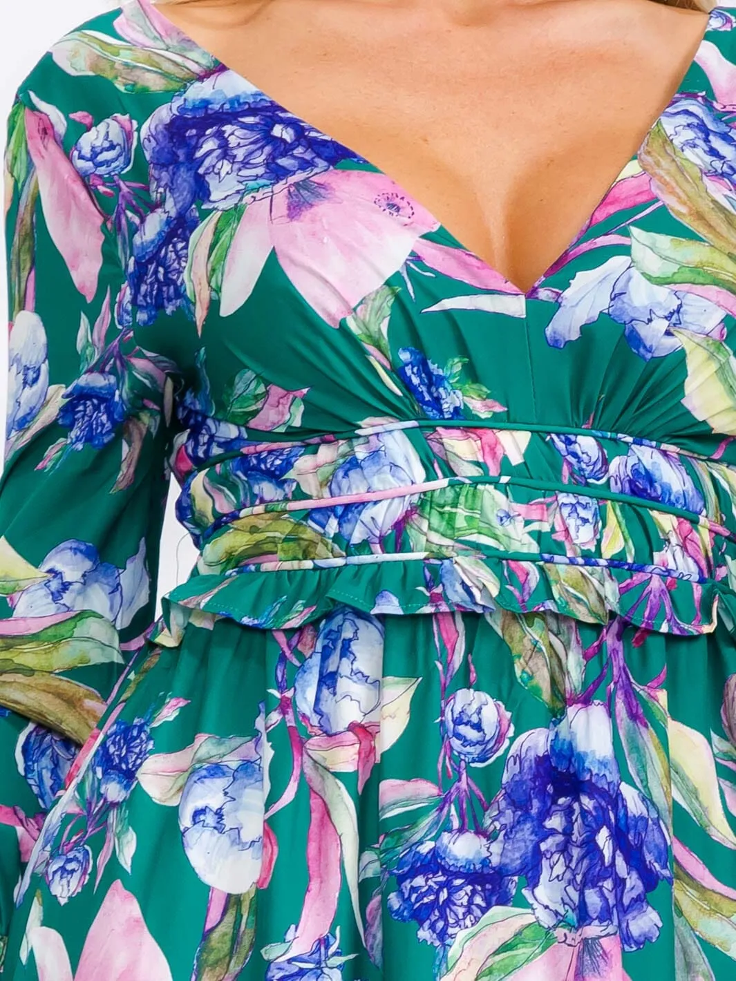 WOMEN'S LONG SLEEVE V-NECK FRONT SLIT FLORAL PRINT MAXI DRESS