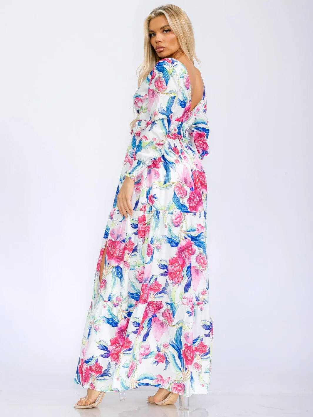 WOMEN'S LONG SLEEVE V-NECK FRONT SLIT FLORAL PRINT MAXI DRESS