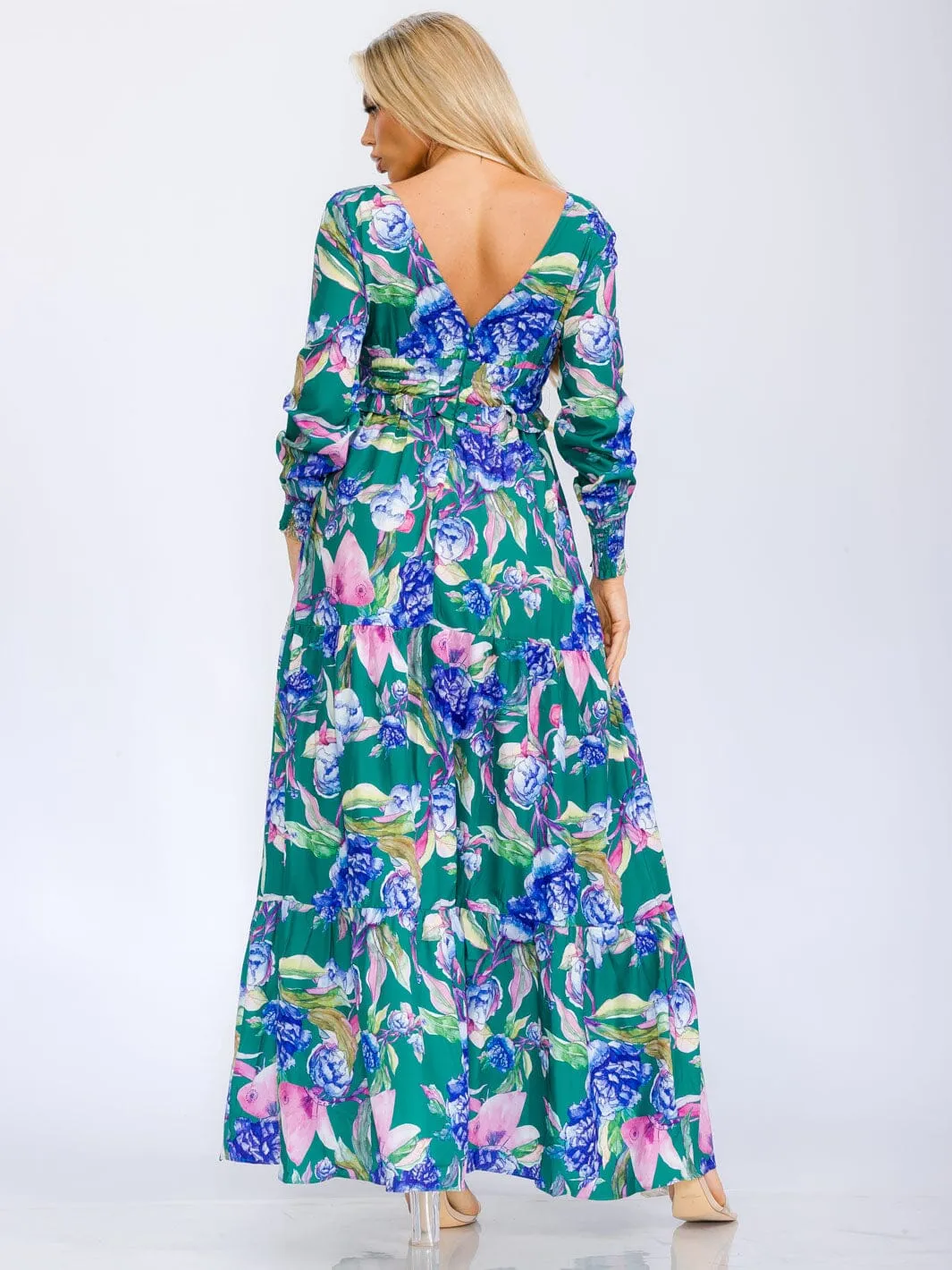 WOMEN'S LONG SLEEVE V-NECK FRONT SLIT FLORAL PRINT MAXI DRESS