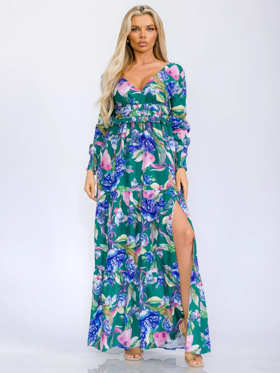 WOMEN'S LONG SLEEVE V-NECK FRONT SLIT FLORAL PRINT MAXI DRESS