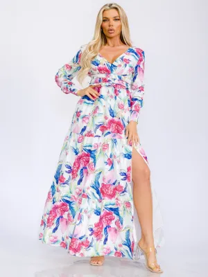WOMEN'S LONG SLEEVE V-NECK FRONT SLIT FLORAL PRINT MAXI DRESS