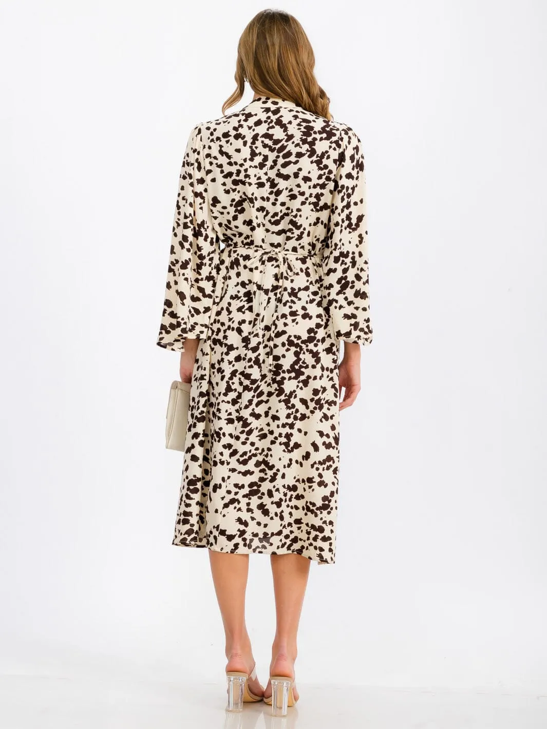 WOMEN'S LONG SLEEVE V-NECK SELF TIE POCKETS PRINTED TUNIC MIDI DRESS