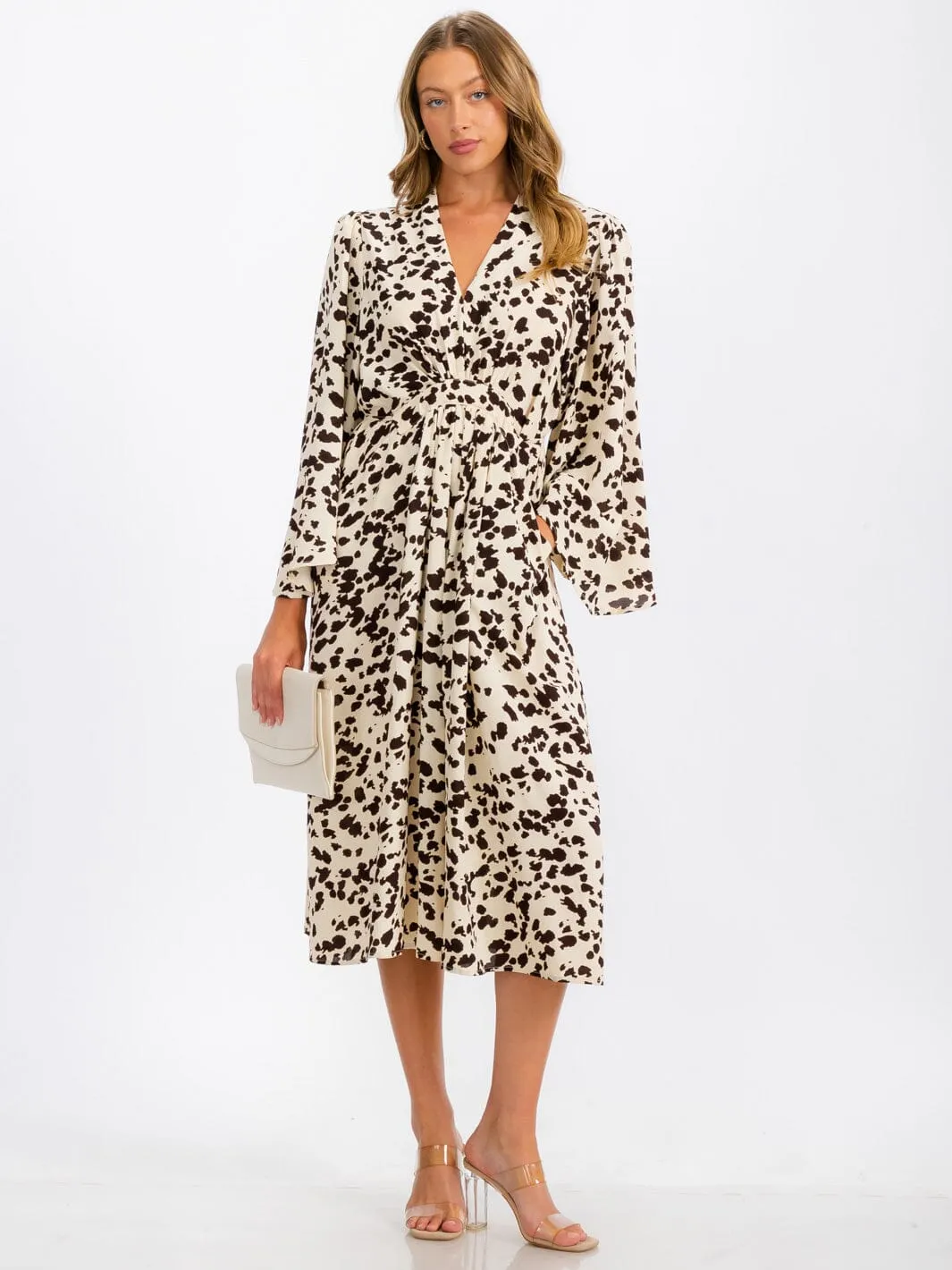 WOMEN'S LONG SLEEVE V-NECK SELF TIE POCKETS PRINTED TUNIC MIDI DRESS