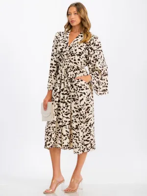 WOMEN'S LONG SLEEVE V-NECK SELF TIE POCKETS PRINTED TUNIC MIDI DRESS