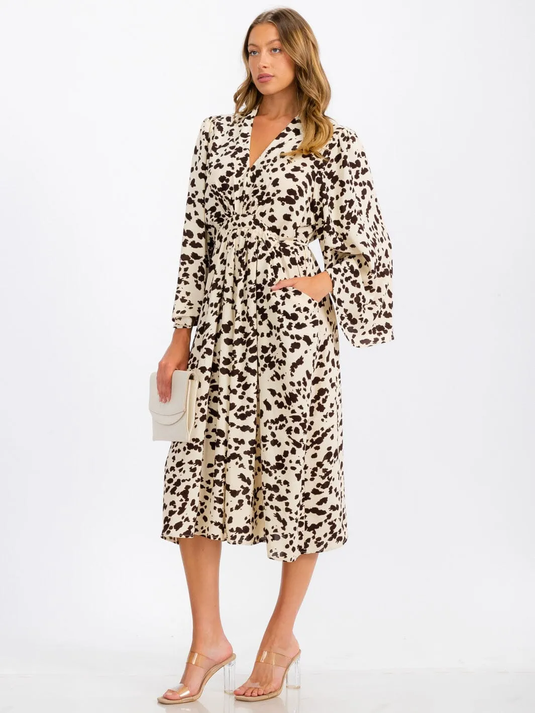 WOMEN'S LONG SLEEVE V-NECK SELF TIE POCKETS PRINTED TUNIC MIDI DRESS