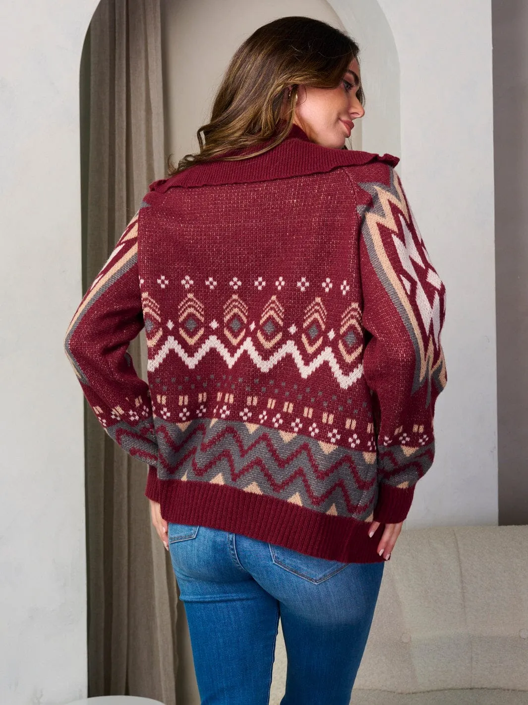 WOMEN'S LONG SLEEVE ZIP UP FRONT POCKETS MULTI PRINT SWEATER