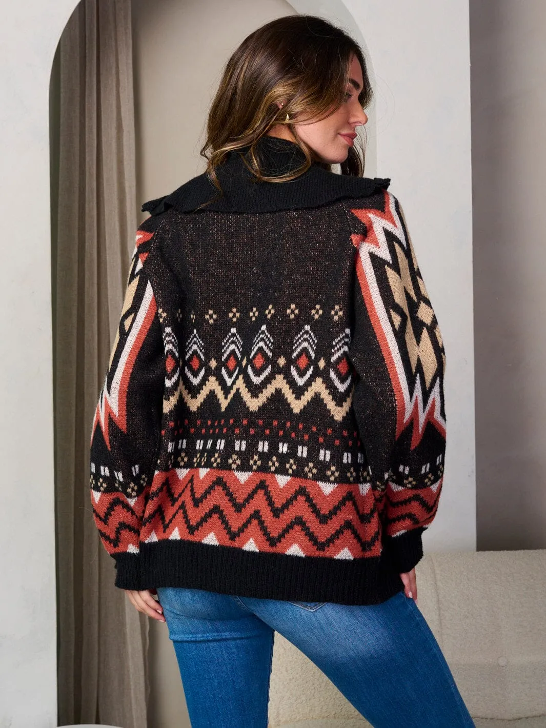 WOMEN'S LONG SLEEVE ZIP UP FRONT POCKETS MULTI PRINT SWEATER