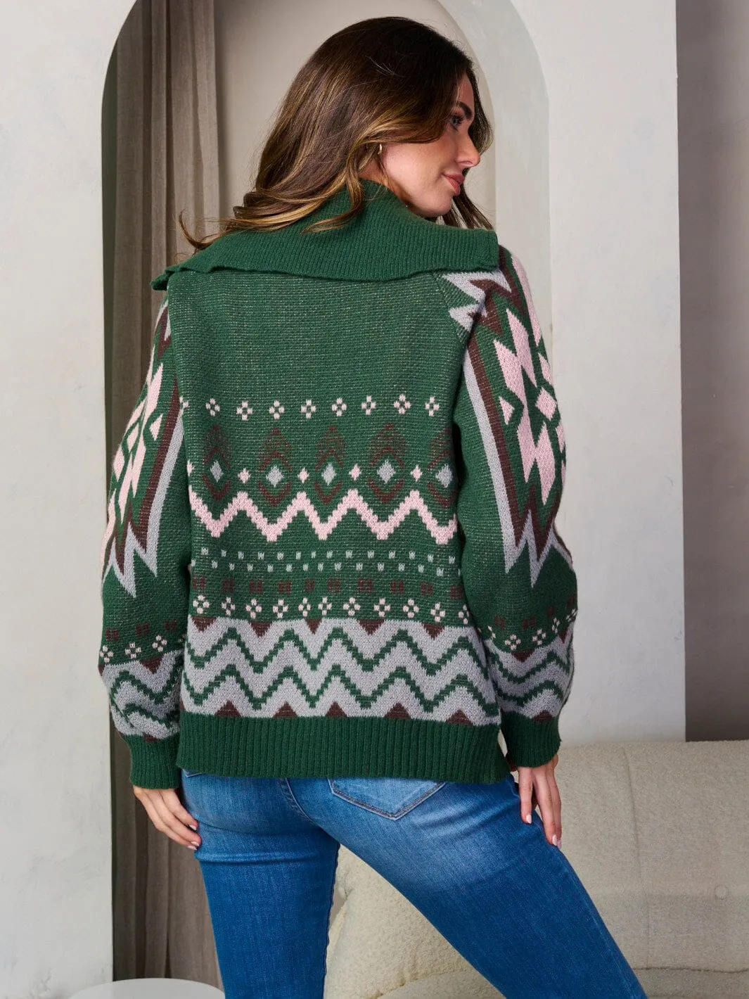 WOMEN'S LONG SLEEVE ZIP UP FRONT POCKETS MULTI PRINT SWEATER