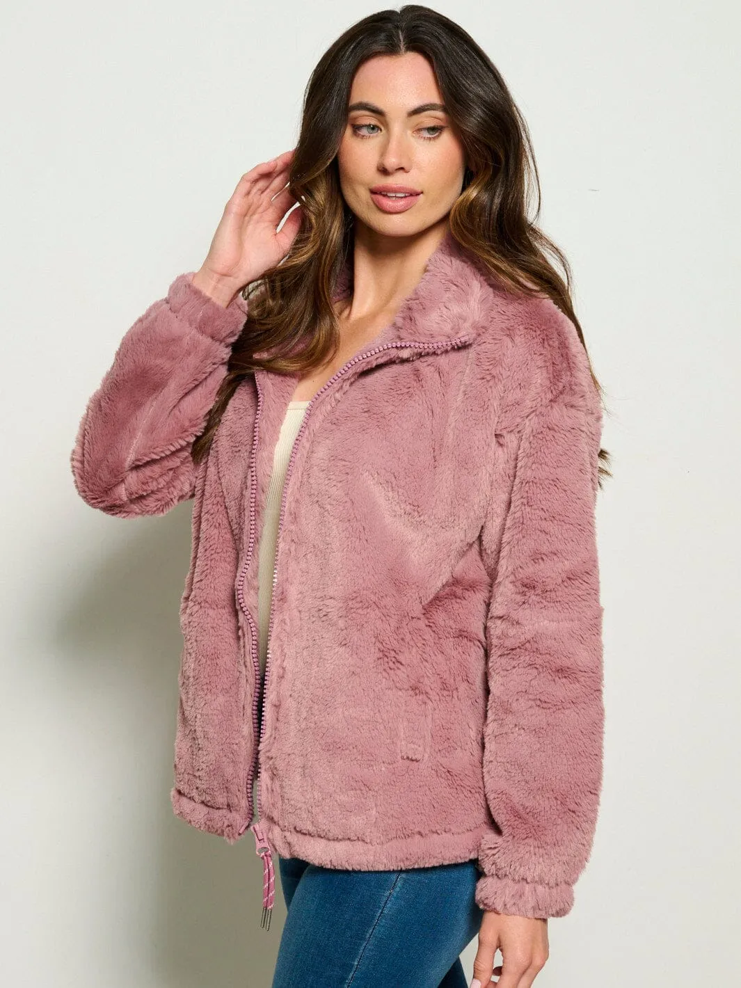 WOMEN'S LONG SLEEVE ZIP UP FRONT POCKETS SHERPA JACKET