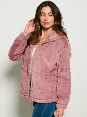 WOMEN'S LONG SLEEVE ZIP UP FRONT POCKETS SHERPA JACKET