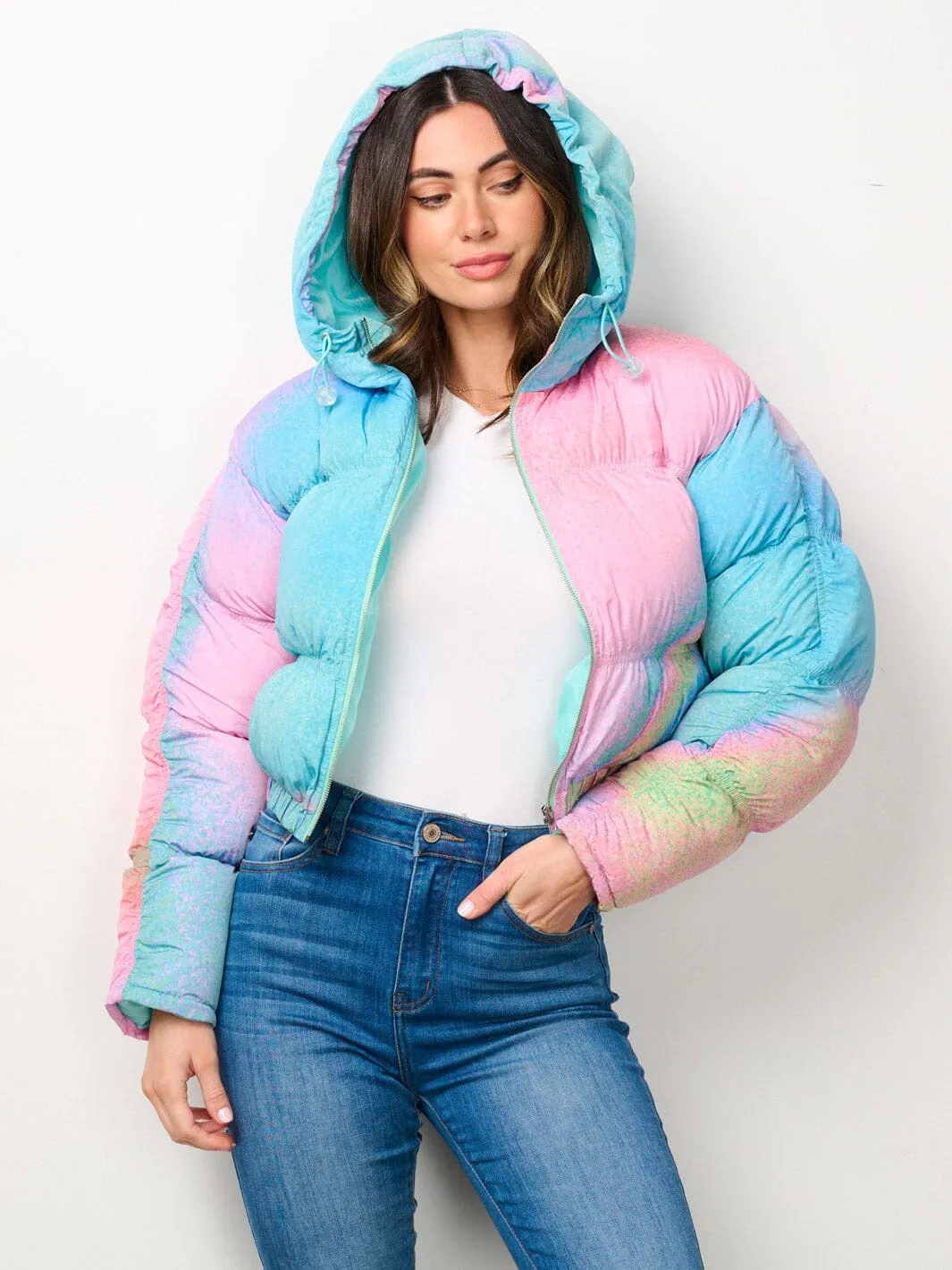 WOMEN'S LONG SLEEVE ZIP UP HOODED MULTI COLOR PUFFER JACKET