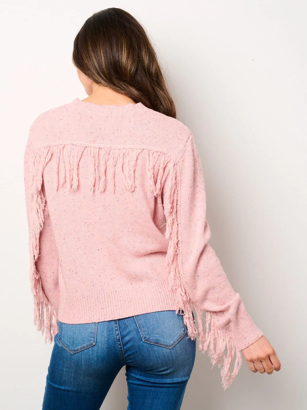 WOMEN'S LONG SLEEVES FRINGE DETAILED MULTI COLOR PULLOVER SWEATER