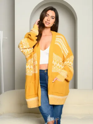 WOMEN'S PATTERNED SIDE POCKETS LONG SLEEVE OPEN CARDIGAN