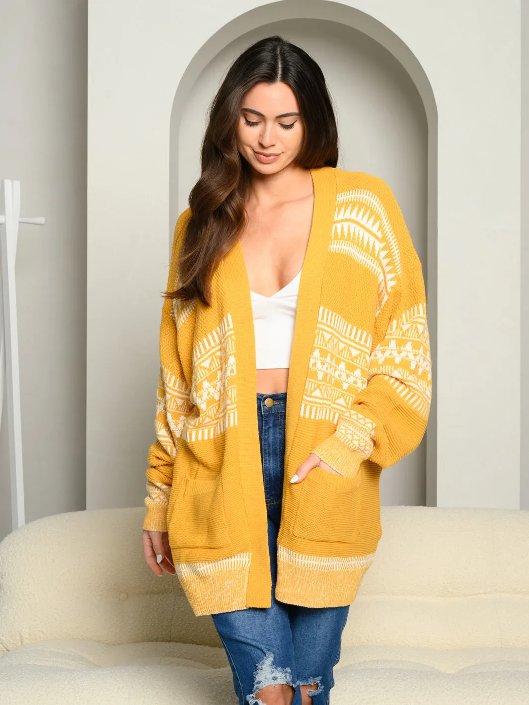 WOMEN'S PATTERNED SIDE POCKETS LONG SLEEVE OPEN CARDIGAN