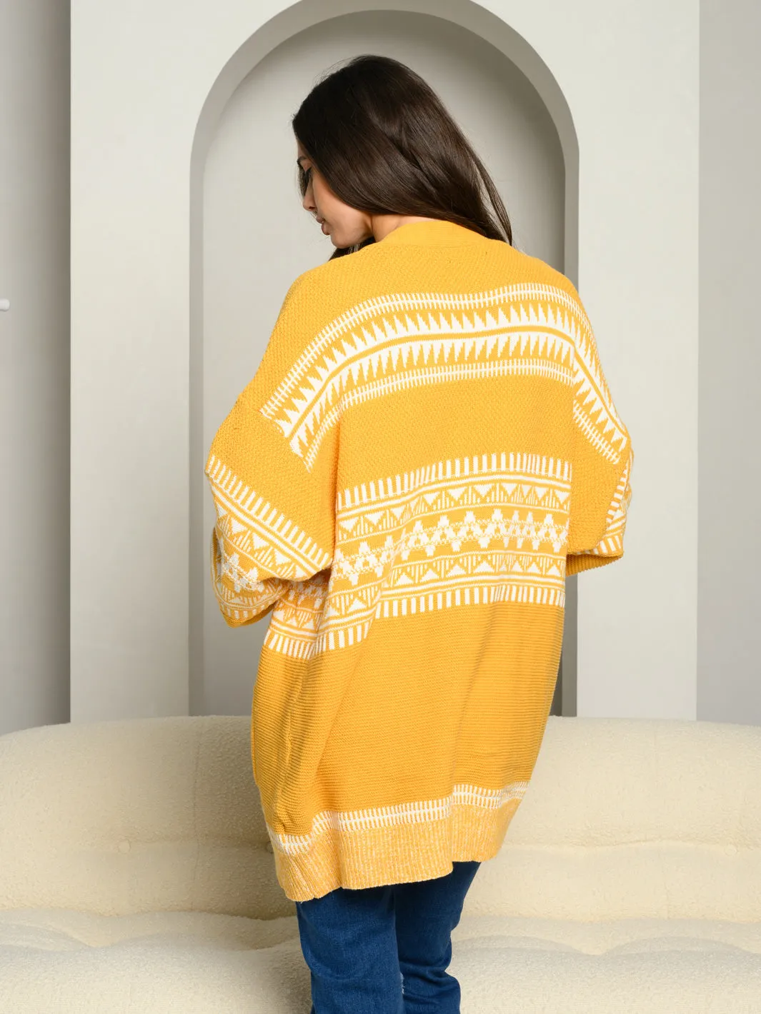 WOMEN'S PATTERNED SIDE POCKETS LONG SLEEVE OPEN CARDIGAN