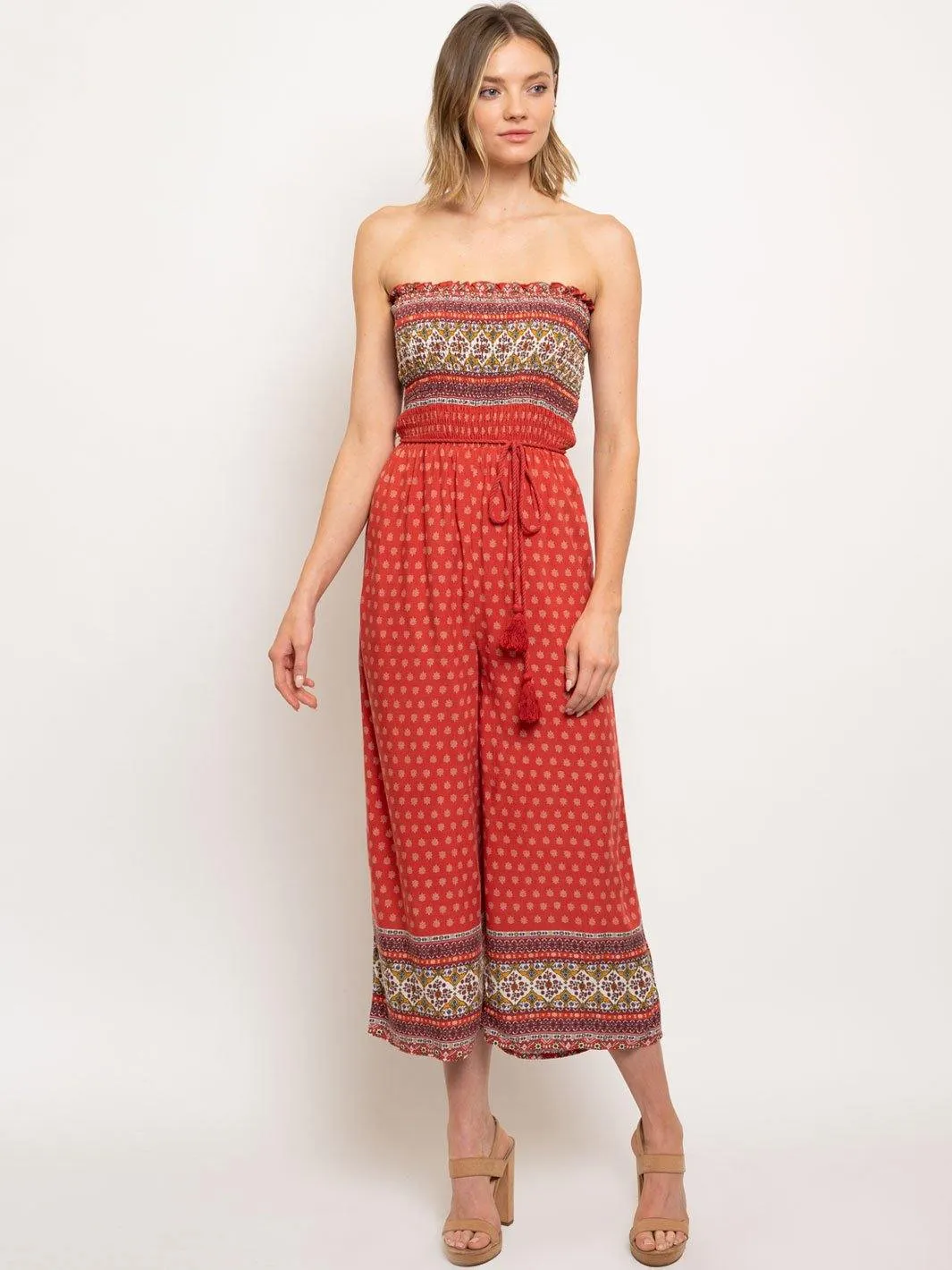 WOMEN'S RUCHED TUBE TOP MULTI PRINT JUMPSUIT