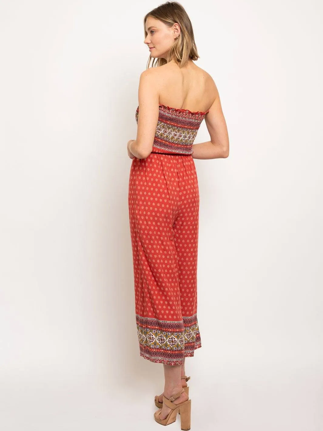 WOMEN'S RUCHED TUBE TOP MULTI PRINT JUMPSUIT