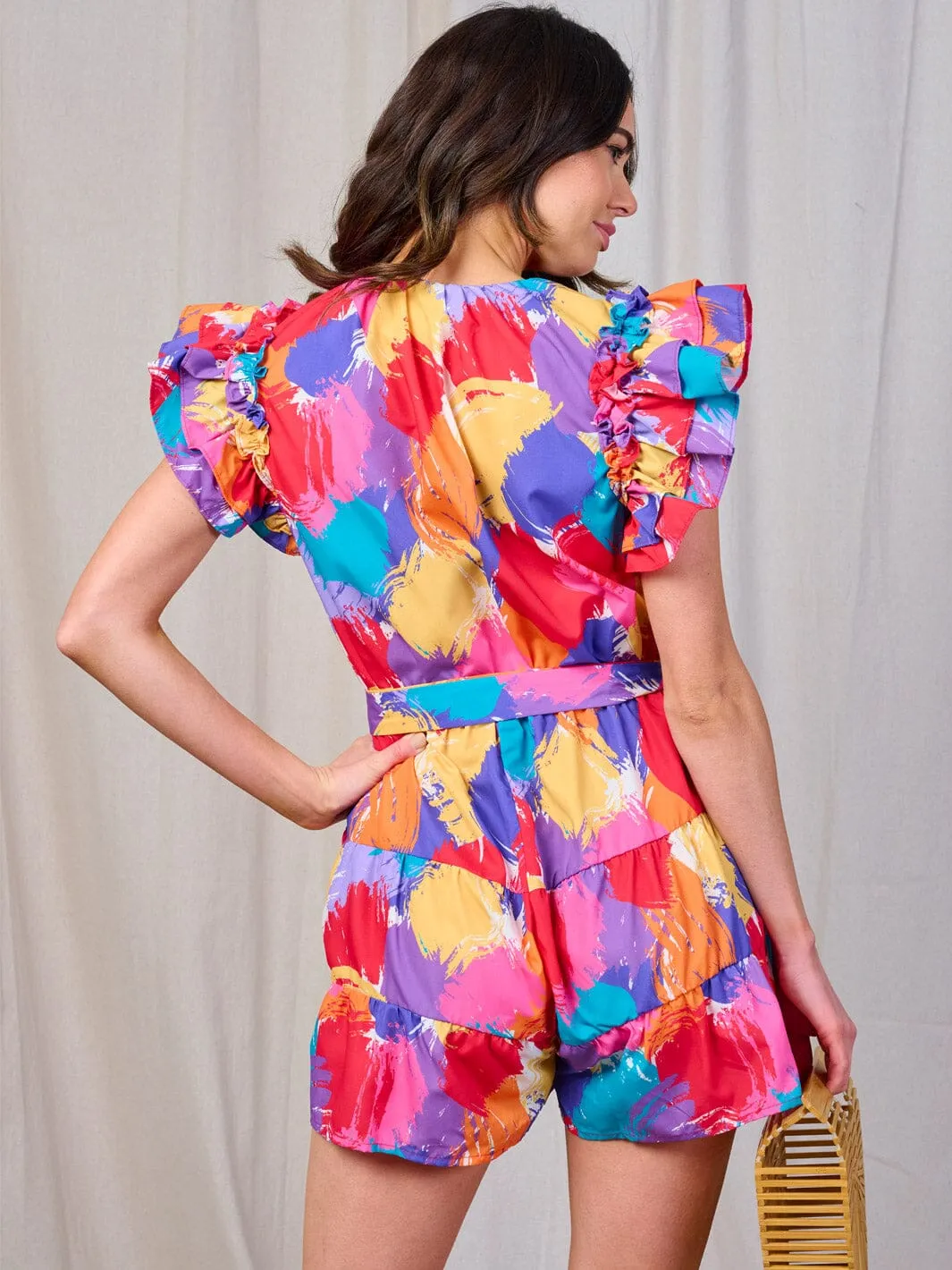 WOMEN'S RUFFLE SLEEVE FRONT POCKETS SELF TIE MULTI PRINT ROMPER