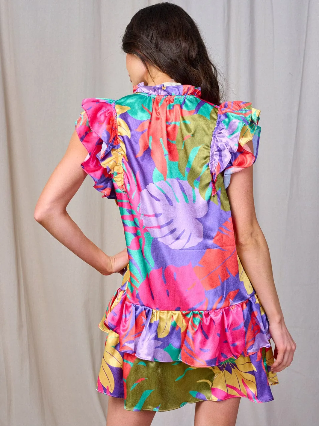 WOMEN'S RUFFLE SLEEVE V-NECK FLOWER PRINT TUNIC MINI DRESS