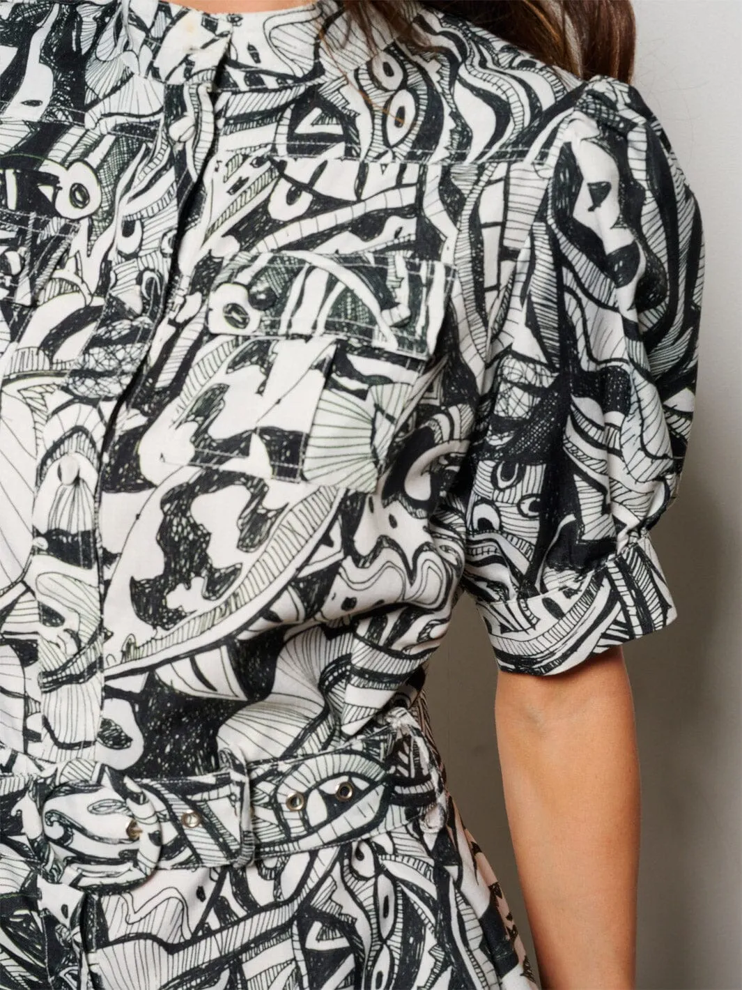 WOMEN'S SHORT PUFF SLEEVE BUTTON UP POCKETS MULTI PRINT ROMPER