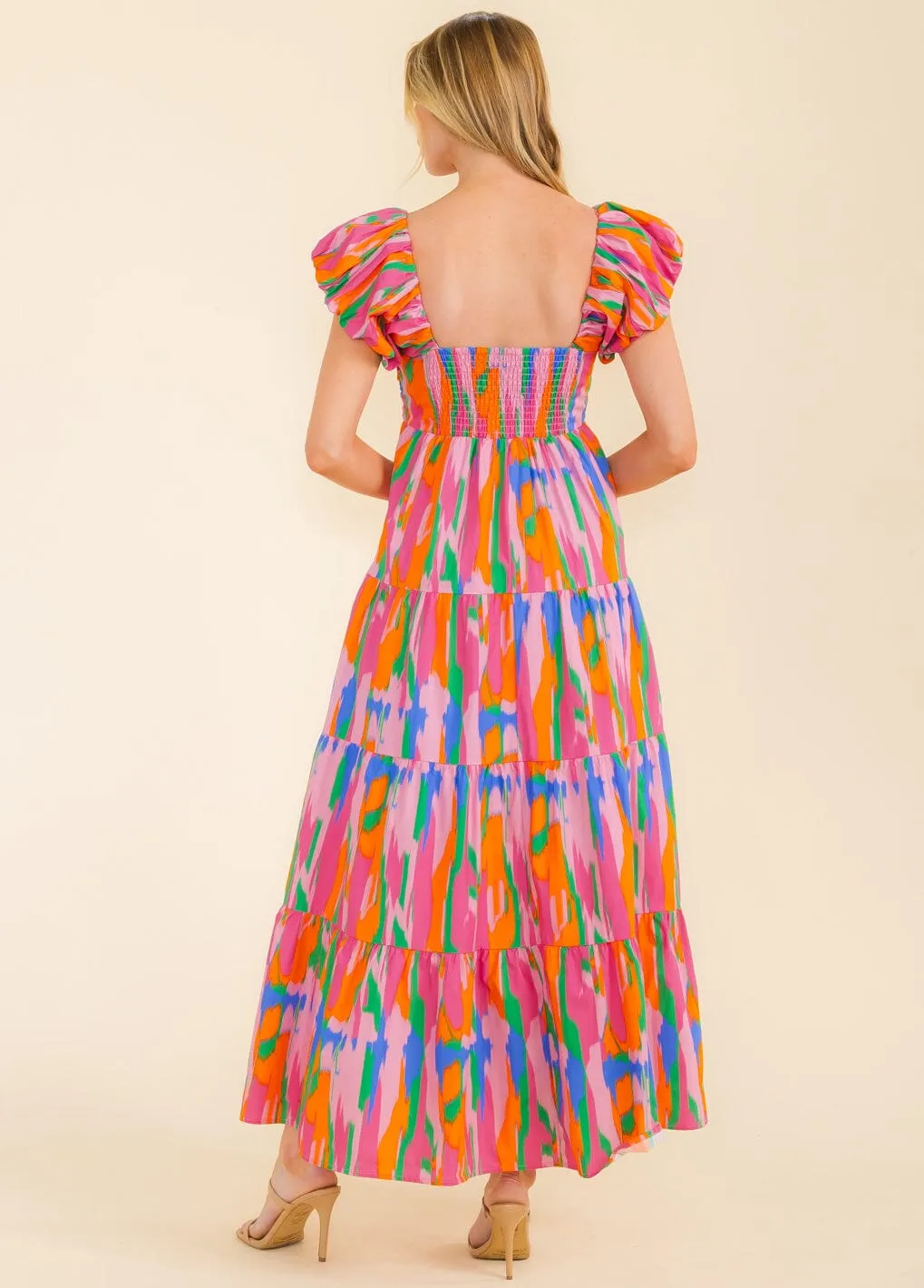 WOMEN'S SHORT PUFF SLEEVE TIERED POCKETS MULTI PRINT MAXI DRESS