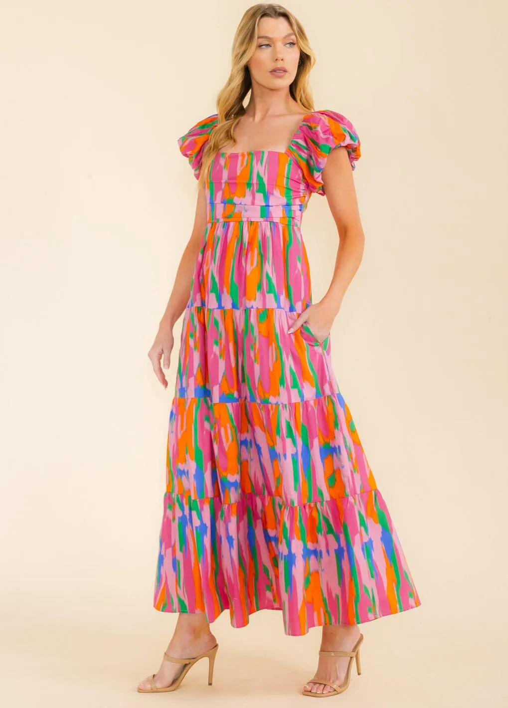 WOMEN'S SHORT PUFF SLEEVE TIERED POCKETS MULTI PRINT MAXI DRESS