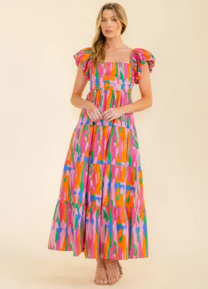 WOMEN'S SHORT PUFF SLEEVE TIERED POCKETS MULTI PRINT MAXI DRESS