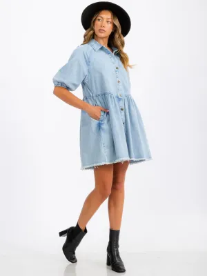 WOMEN'S SHORT SLEEVE BUTTON UP POCKETS DENIM WASHED MINI DRESS