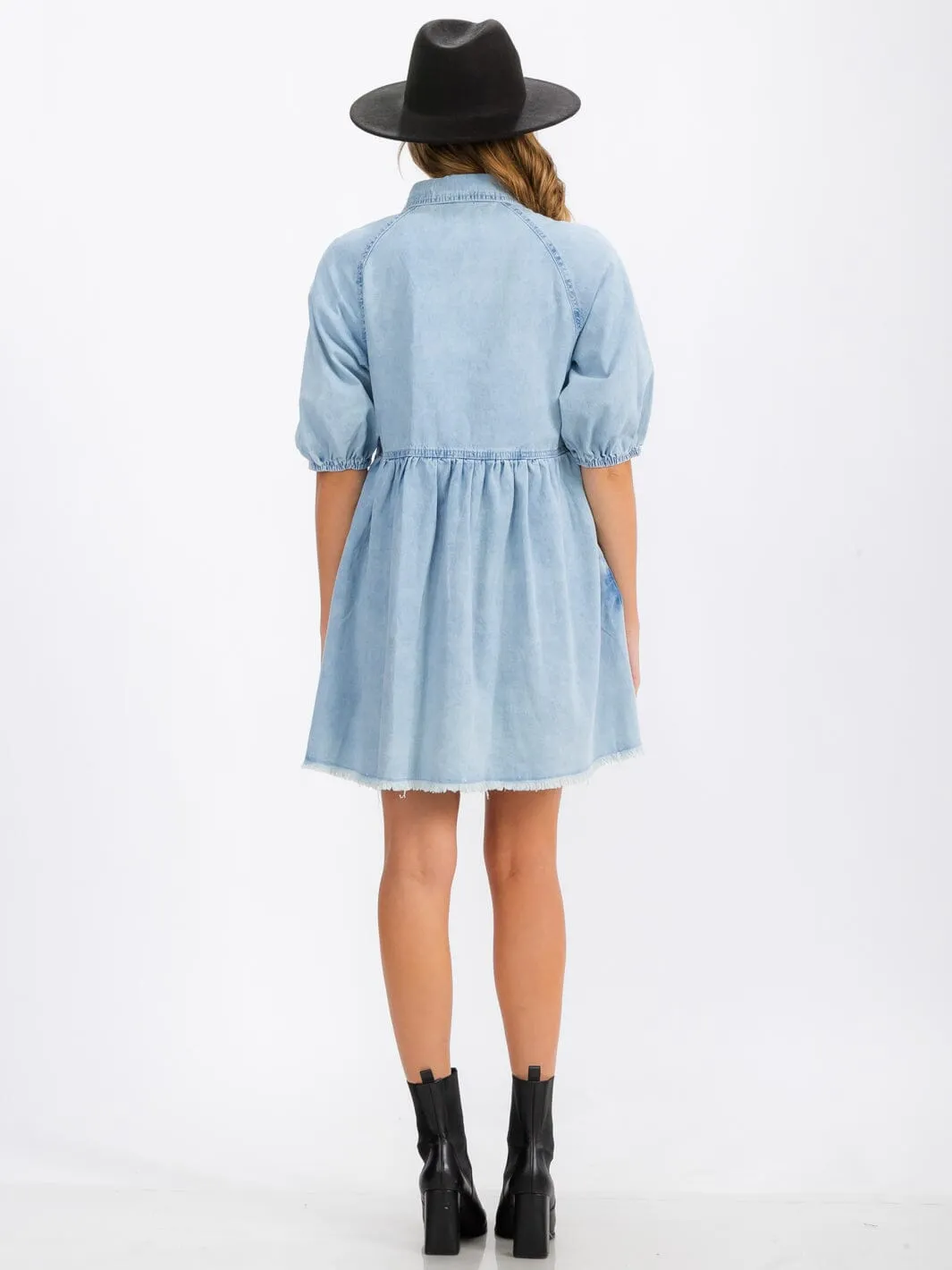 WOMEN'S SHORT SLEEVE BUTTON UP POCKETS DENIM WASHED MINI DRESS