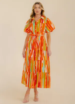 WOMEN'S SHORT SLEEVE BUTTON UP TIERED COLORBLOCK MAXI DRESS
