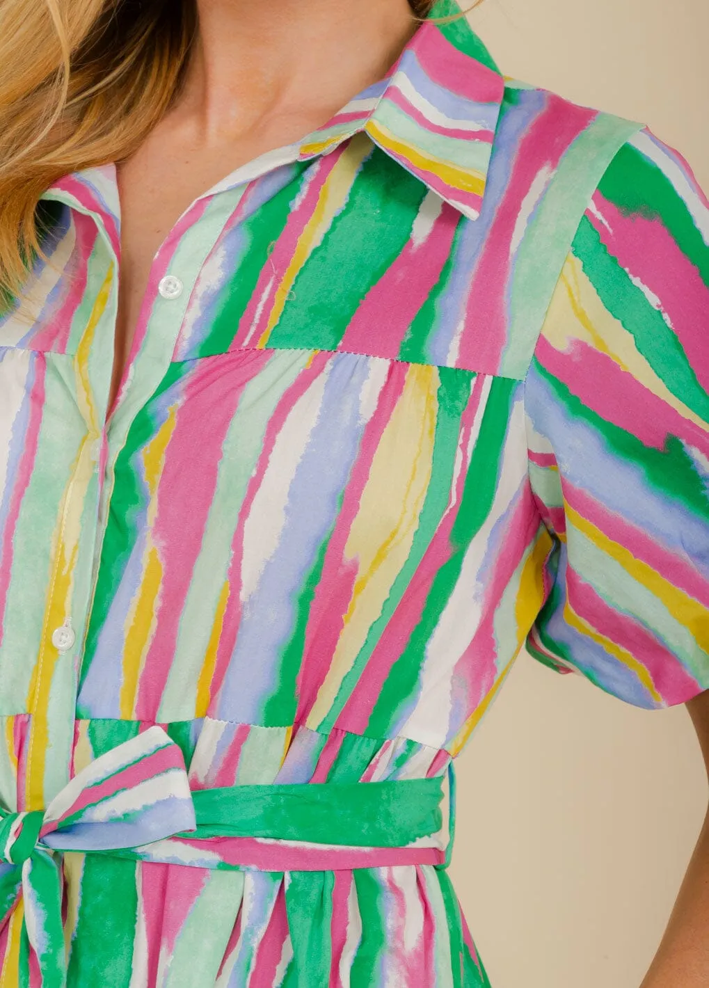 WOMEN'S SHORT SLEEVE BUTTON UP TIERED COLORBLOCK MAXI DRESS