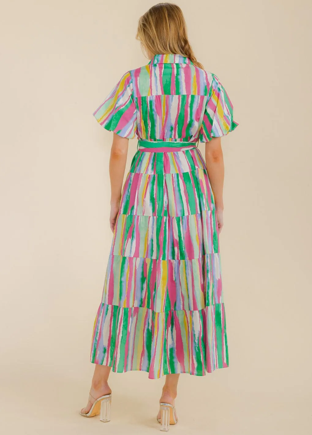 WOMEN'S SHORT SLEEVE BUTTON UP TIERED COLORBLOCK MAXI DRESS