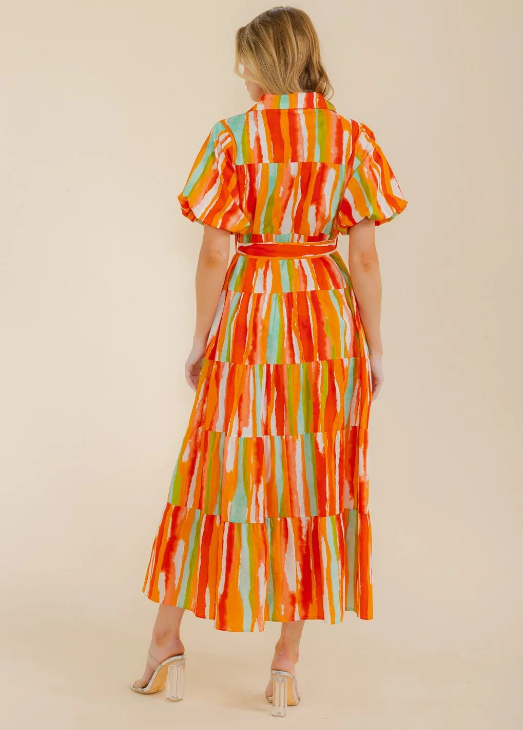 WOMEN'S SHORT SLEEVE BUTTON UP TIERED COLORBLOCK MAXI DRESS