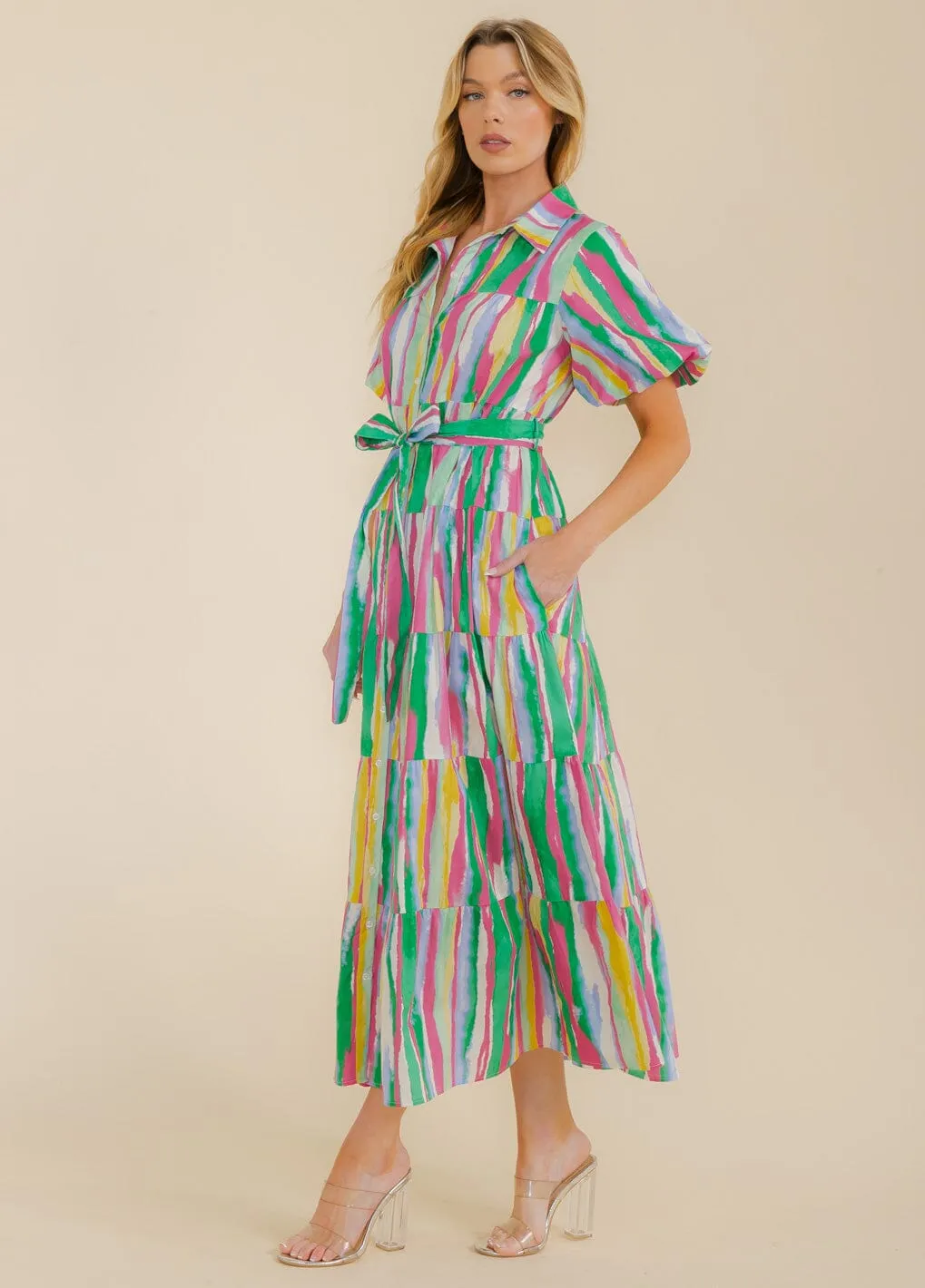 WOMEN'S SHORT SLEEVE BUTTON UP TIERED COLORBLOCK MAXI DRESS