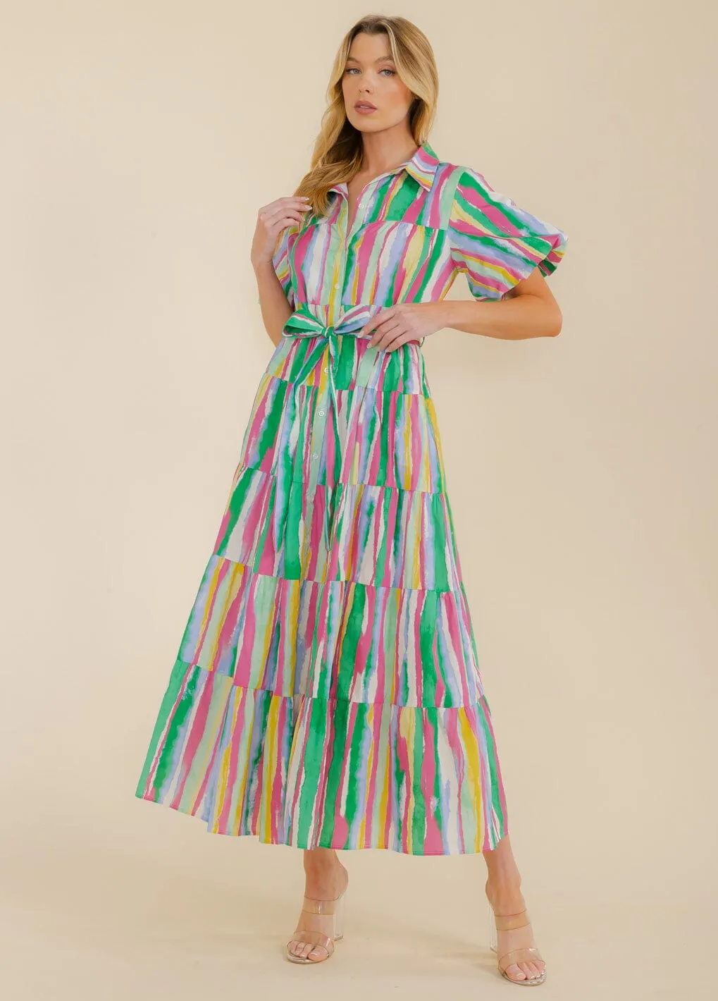 WOMEN'S SHORT SLEEVE BUTTON UP TIERED COLORBLOCK MAXI DRESS