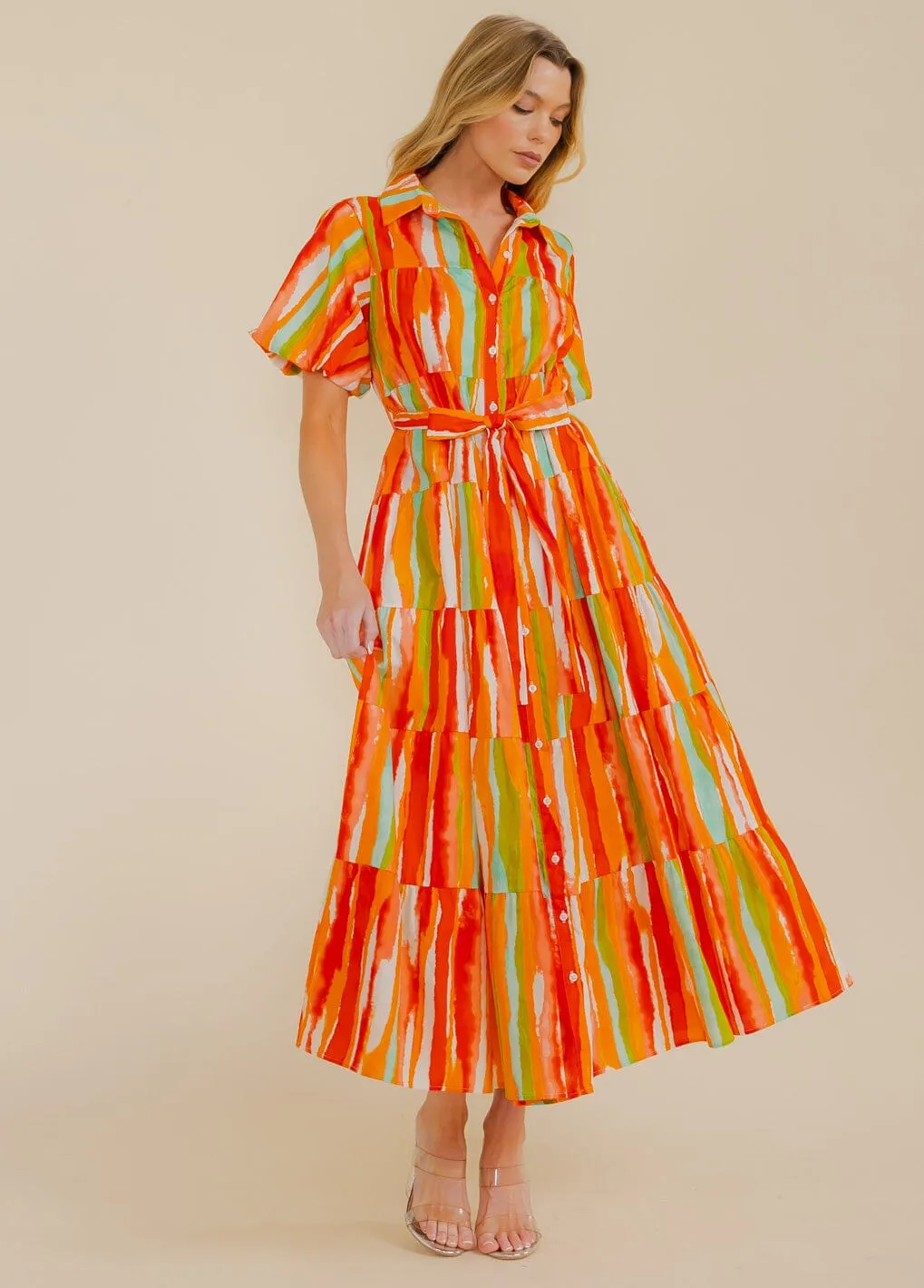 WOMEN'S SHORT SLEEVE BUTTON UP TIERED COLORBLOCK MAXI DRESS