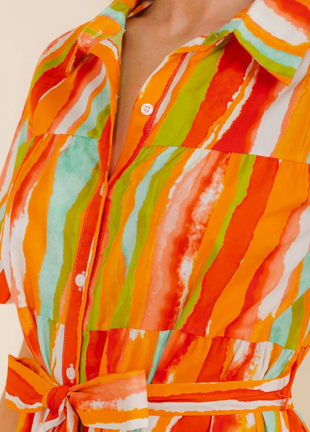 WOMEN'S SHORT SLEEVE BUTTON UP TIERED COLORBLOCK MAXI DRESS