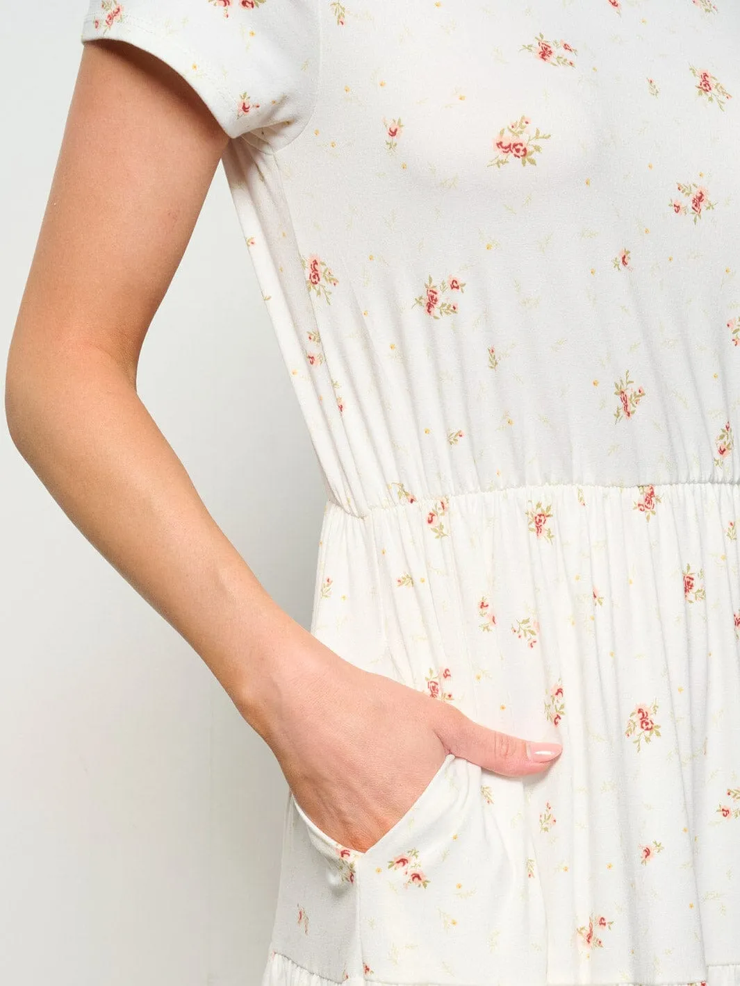 WOMEN'S SHORT SLEEVE ELASTIC WAIST POCKETS FLORAL MINI DRESS