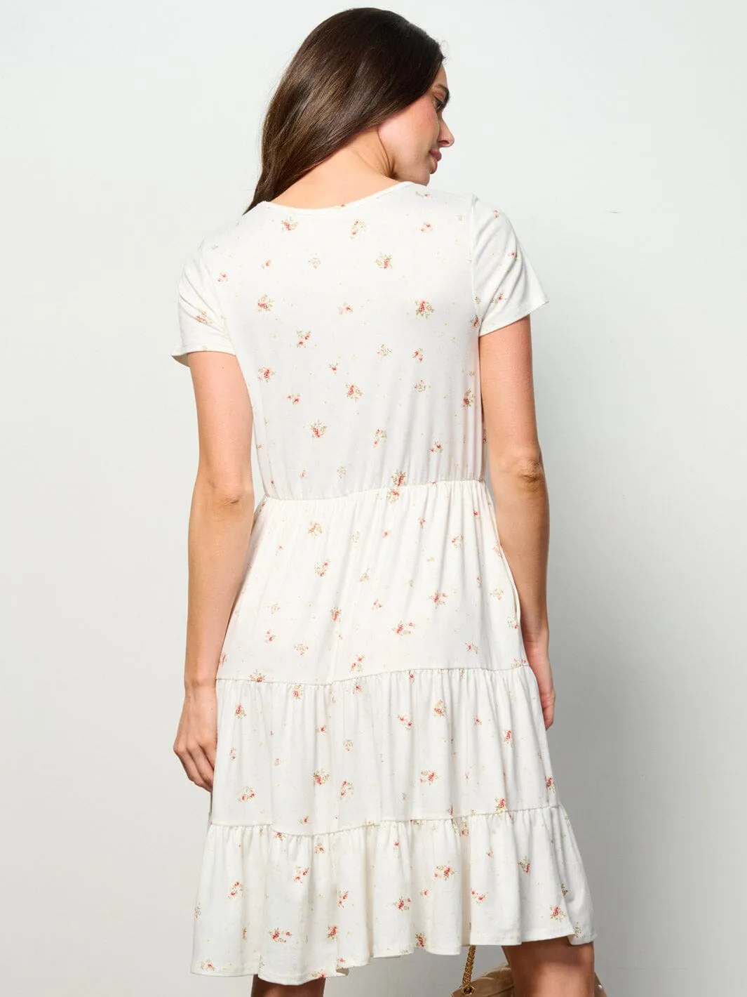 WOMEN'S SHORT SLEEVE ELASTIC WAIST POCKETS FLORAL MINI DRESS