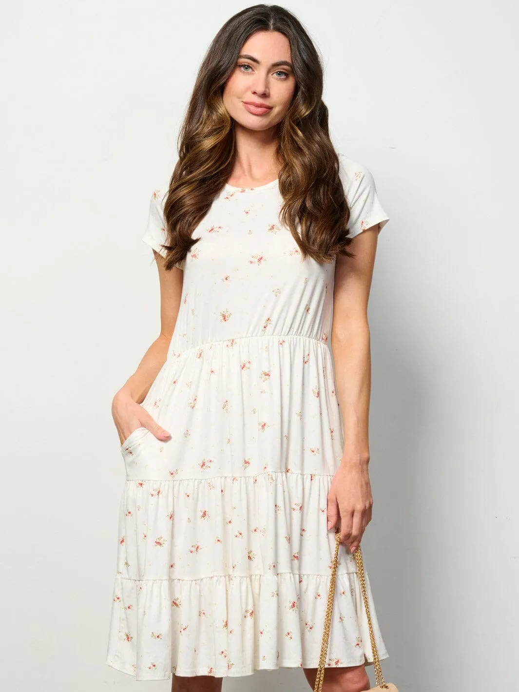 WOMEN'S SHORT SLEEVE ELASTIC WAIST POCKETS FLORAL MINI DRESS
