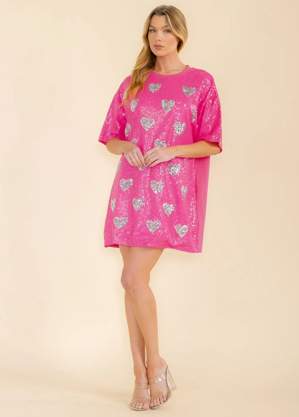 WOMEN'S SHORT SLEEVE FRONT POCKETS SEQUINS HEART TUNIC MINI DRESS