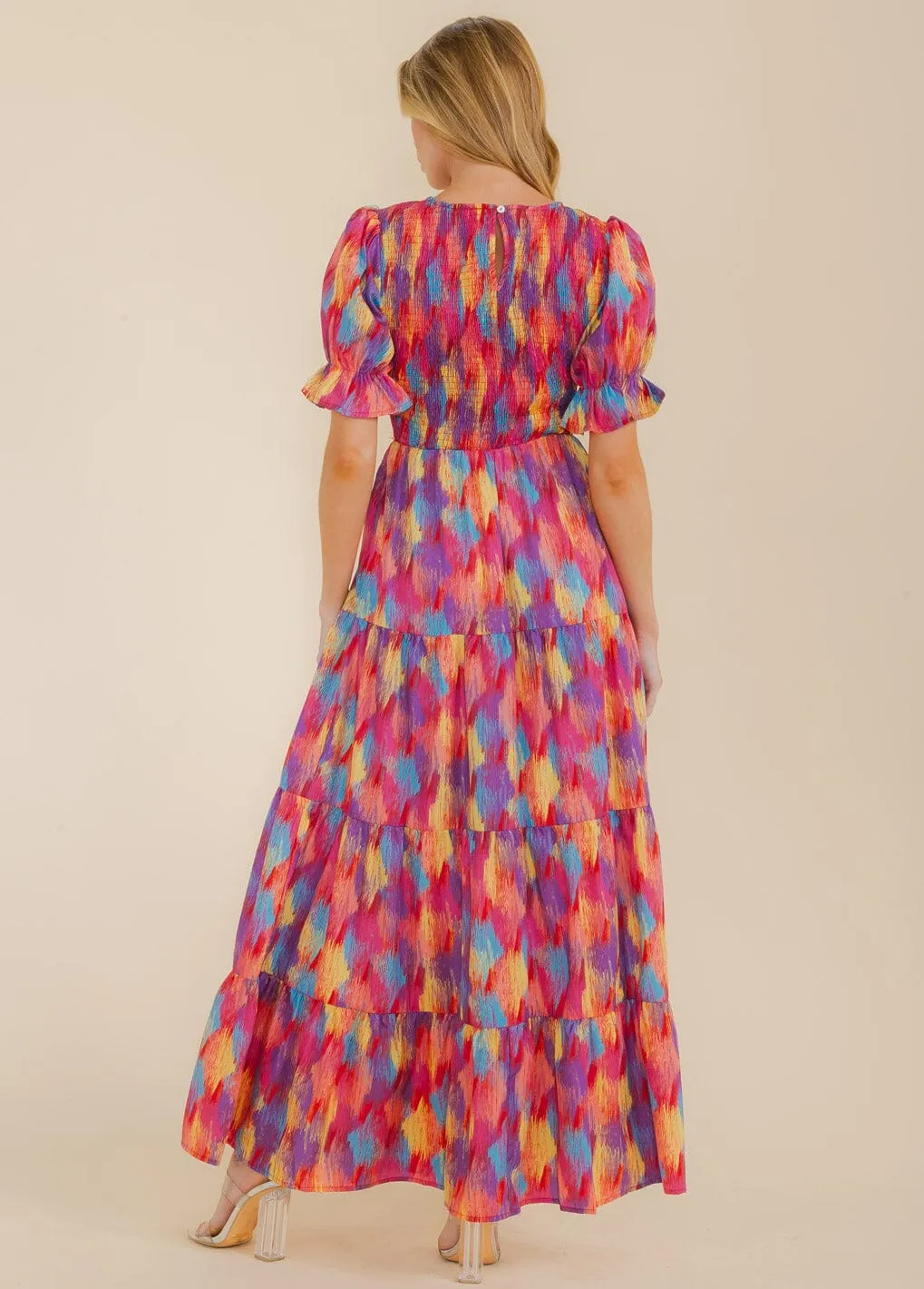 WOMEN'S SHORT SLEEVE FRONT POCKETS TIERED COLORBLOCK MAXI DRESS