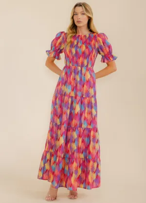 WOMEN'S SHORT SLEEVE FRONT POCKETS TIERED COLORBLOCK MAXI DRESS