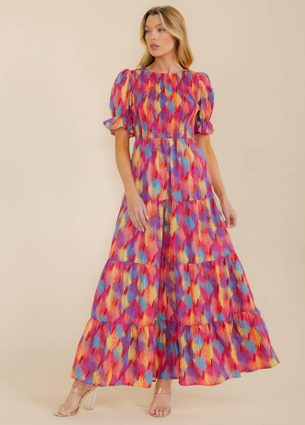WOMEN'S SHORT SLEEVE FRONT POCKETS TIERED COLORBLOCK MAXI DRESS