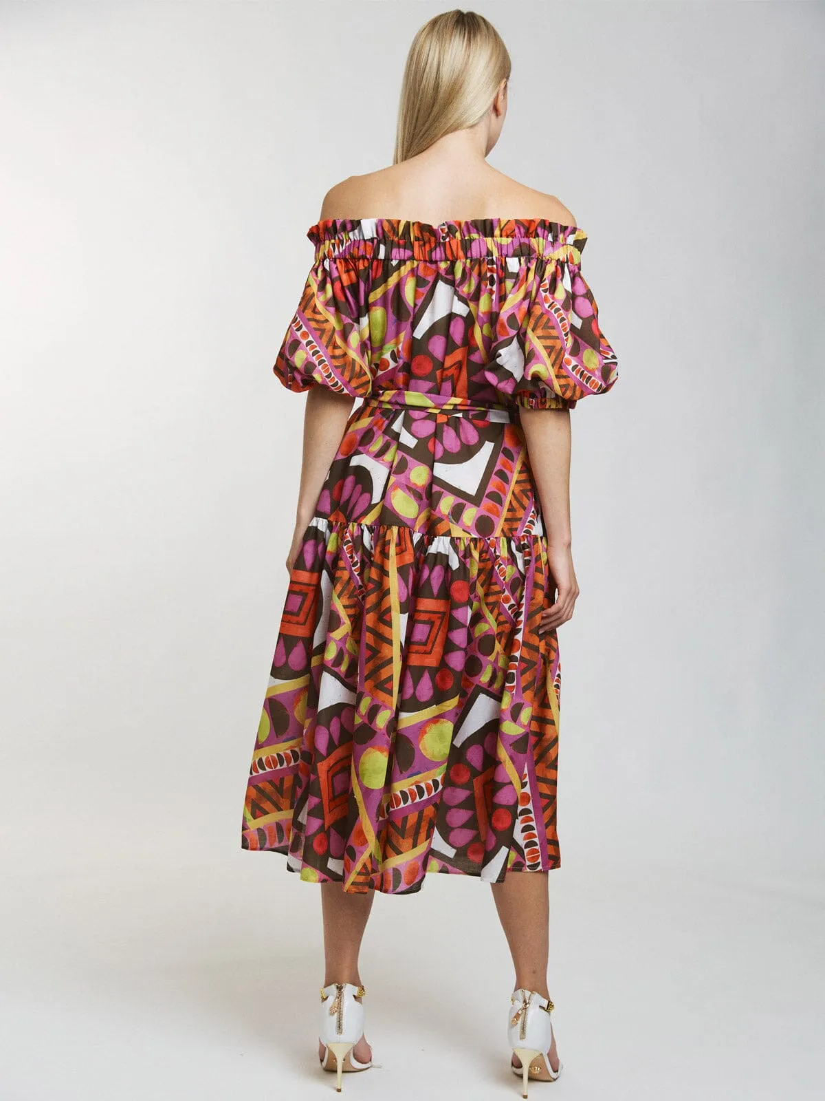 WOMEN'S SHORT SLEEVE OFF SHOULDER FRONT POCKETS BELTED MULTI PRINT MAXI DRESS