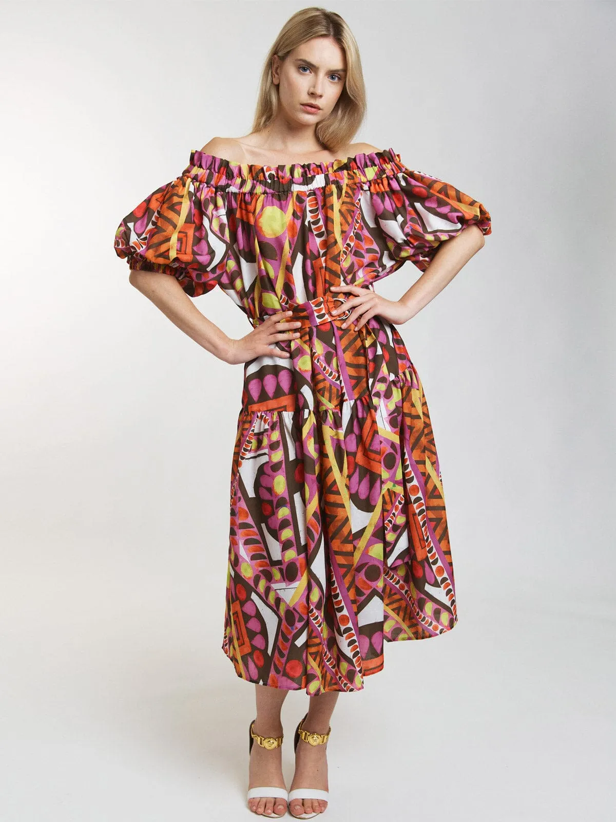 WOMEN'S SHORT SLEEVE OFF SHOULDER FRONT POCKETS BELTED MULTI PRINT MAXI DRESS