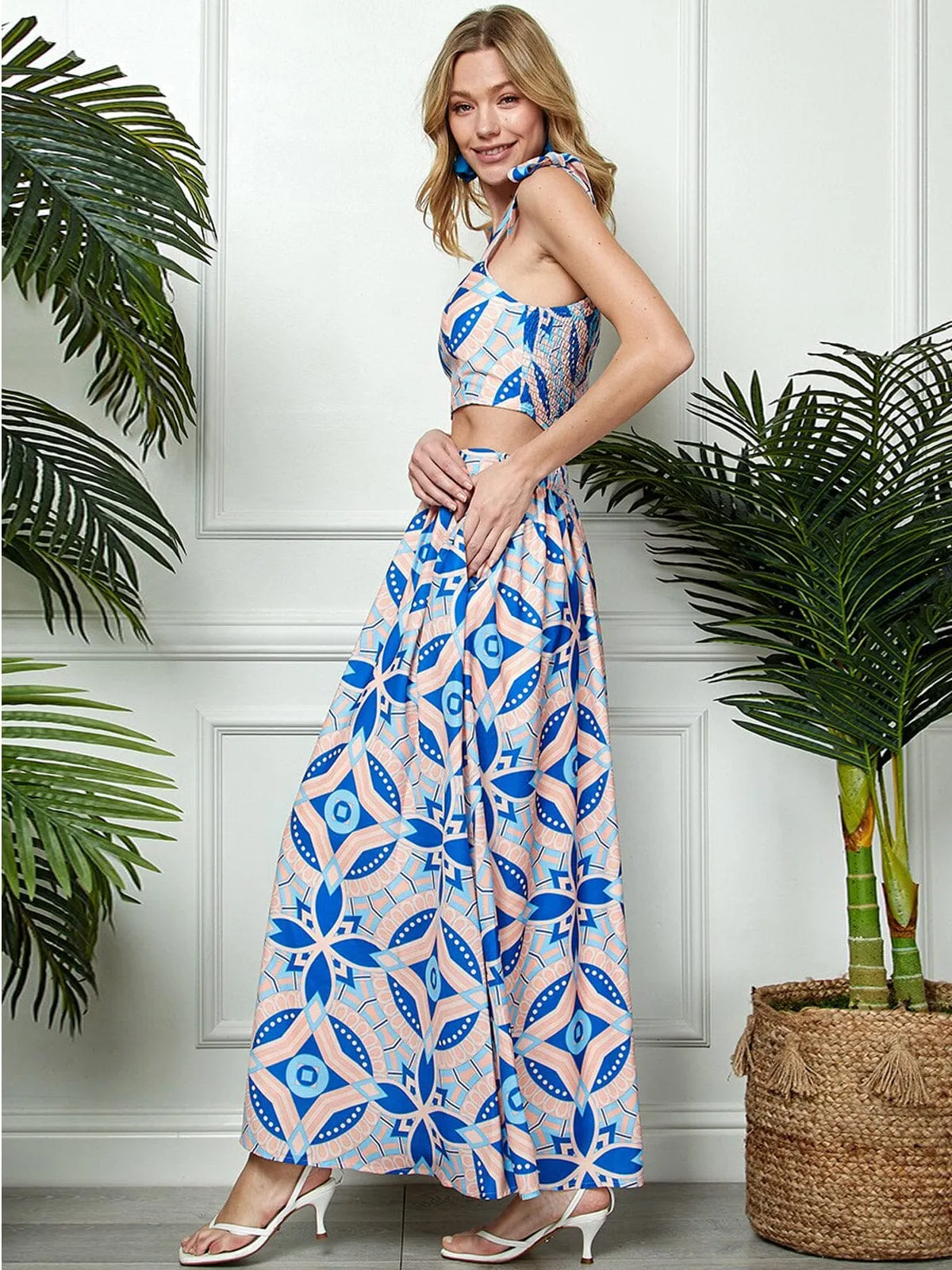 WOMEN'S SLEEVELESS CROP TOP & MAXI SKIRT MULTI PRINT 2PC.SET