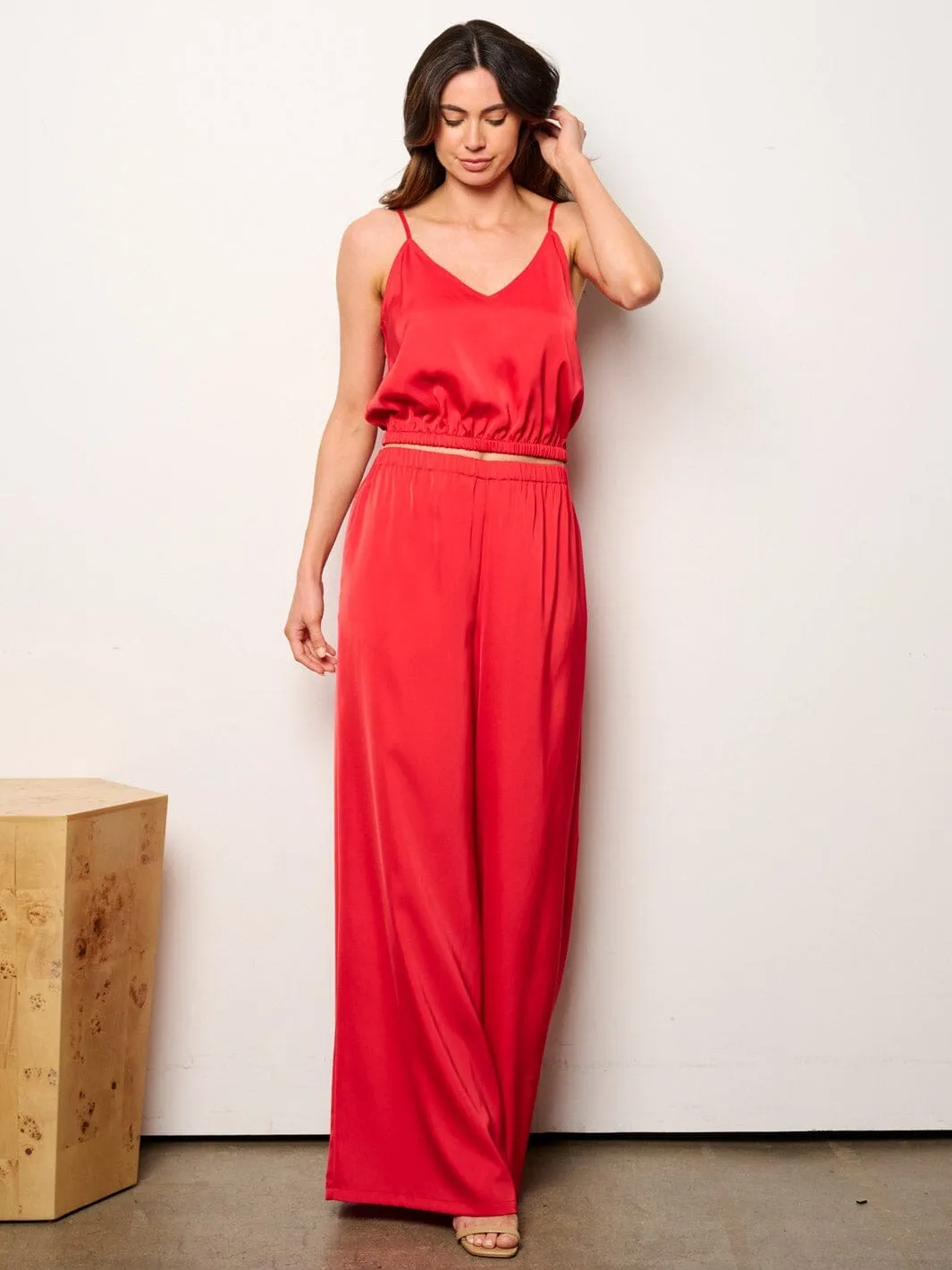 WOMEN'S SLEEVELESS CROP TOP & WIDE LEG PANTS SATIN 2PC. SET
