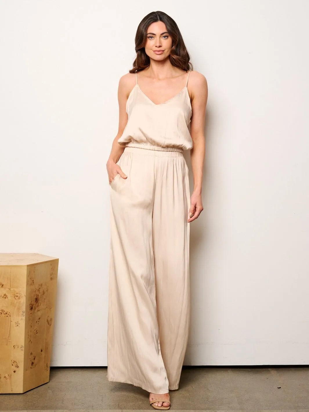 WOMEN'S SLEEVELESS CROP TOP & WIDE LEG PANTS SATIN 2PC. SET