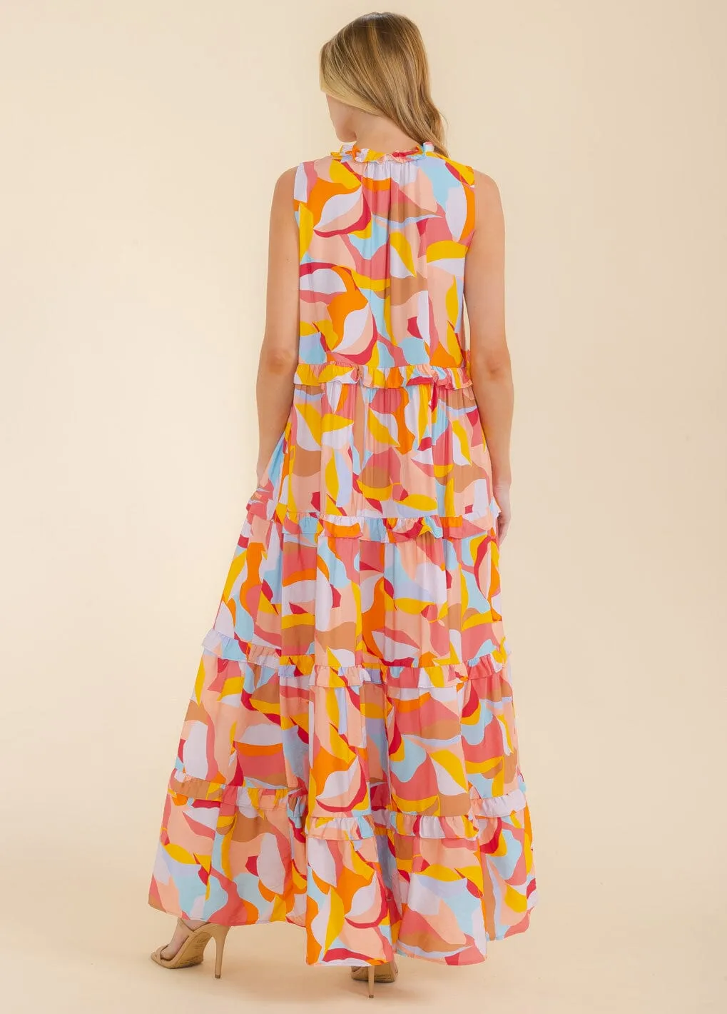 WOMEN'S SLEEVELESS FRONT POCKETS MULTI PRINT TUNIC MAXI DRESS